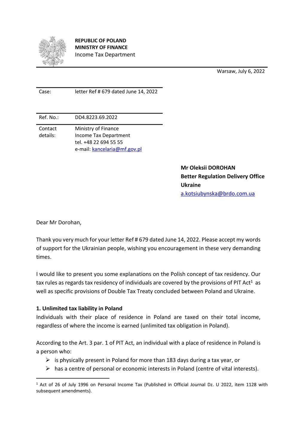 Pismo Ministerstwa Finansów RP do ukraińskich władz podatkowych. 