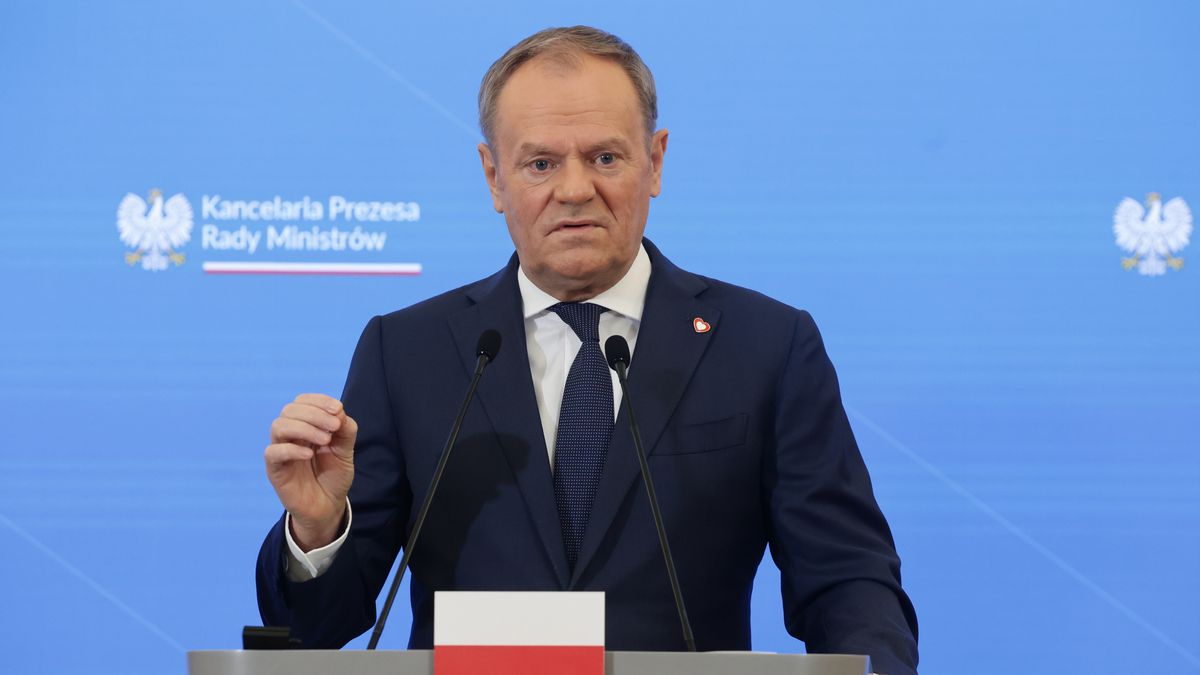 Polish Prime Minister Donald Tusk during the press conference after his meeting with British Prime Minister Keir Starmer in Warsaw, Poland on January 17, 2025. (Photo by Jakub Porzycki/NurPhoto via Getty Images)
