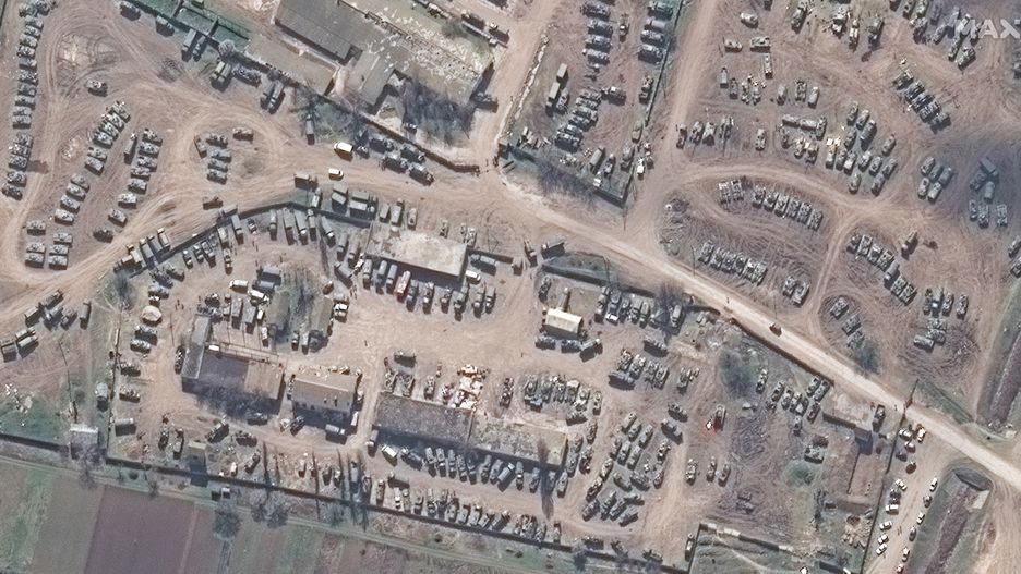 RUSSIANS INVADE UKRAINE -- APRIL 6, 2022:  16 Maxar satellite imagery closer view of assortment of armored vehicle in Dzhankoi, Crimea.  6april2022.  Please use: Satellite image (c) 2022 Maxar Technologies.