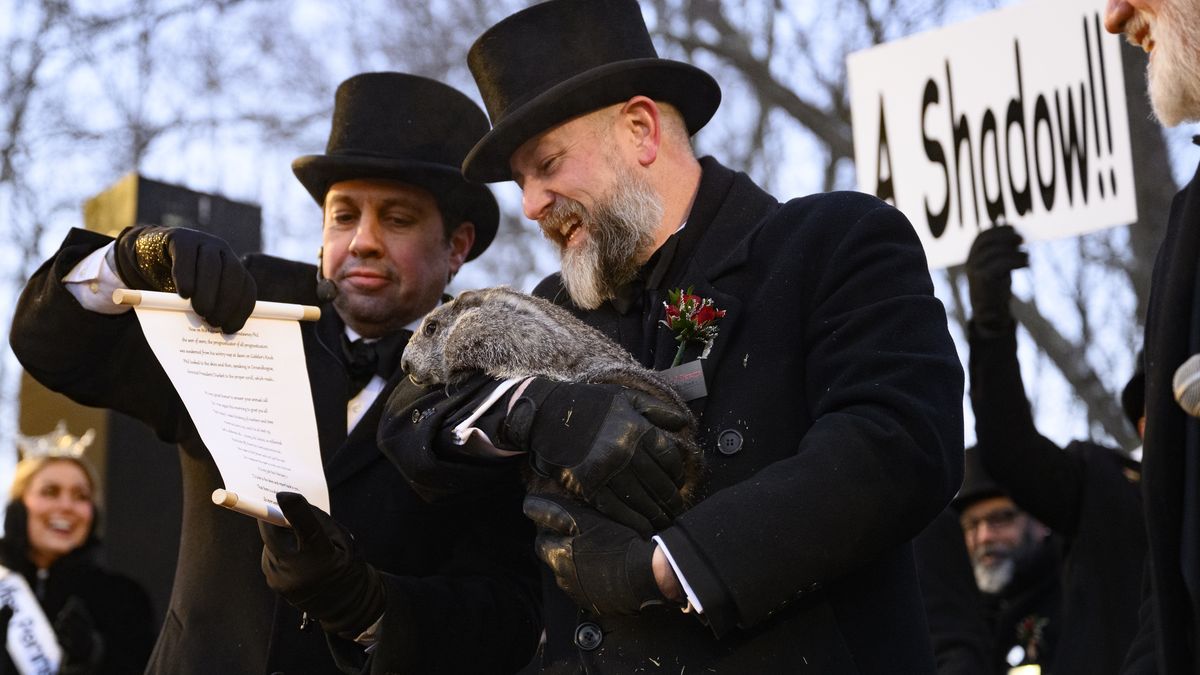 PUNXSUTAWNEY, PENNSYLVANIA - FEBRUARY 2:  Groundhog handler AJ Dereume holds Punxsutawney Phil after he saw his shadow, predicting 6 more weeks of winter during the 140th annual Groundhog Day festivities on Monday February 2, 2026 in Punxsutawney, Pennsylvania. Groundhog Day is a popular tradition in the United States and Canada. If Punxsutawney Phil sees his shadow he regards it as an omen of six more weeks of bad weather and returns to his den. Early spring arrives if he does not see his shadow, causing Phil to remain above ground.  (Photo by Jeff Swensen/Getty Images)