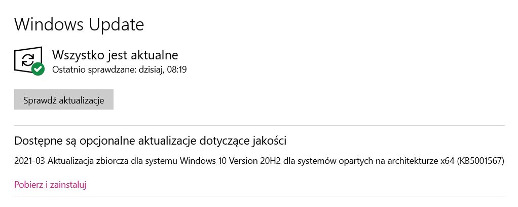 KB5001567 to opcjonalna aktualizacja, fot. Oskar Ziomek.