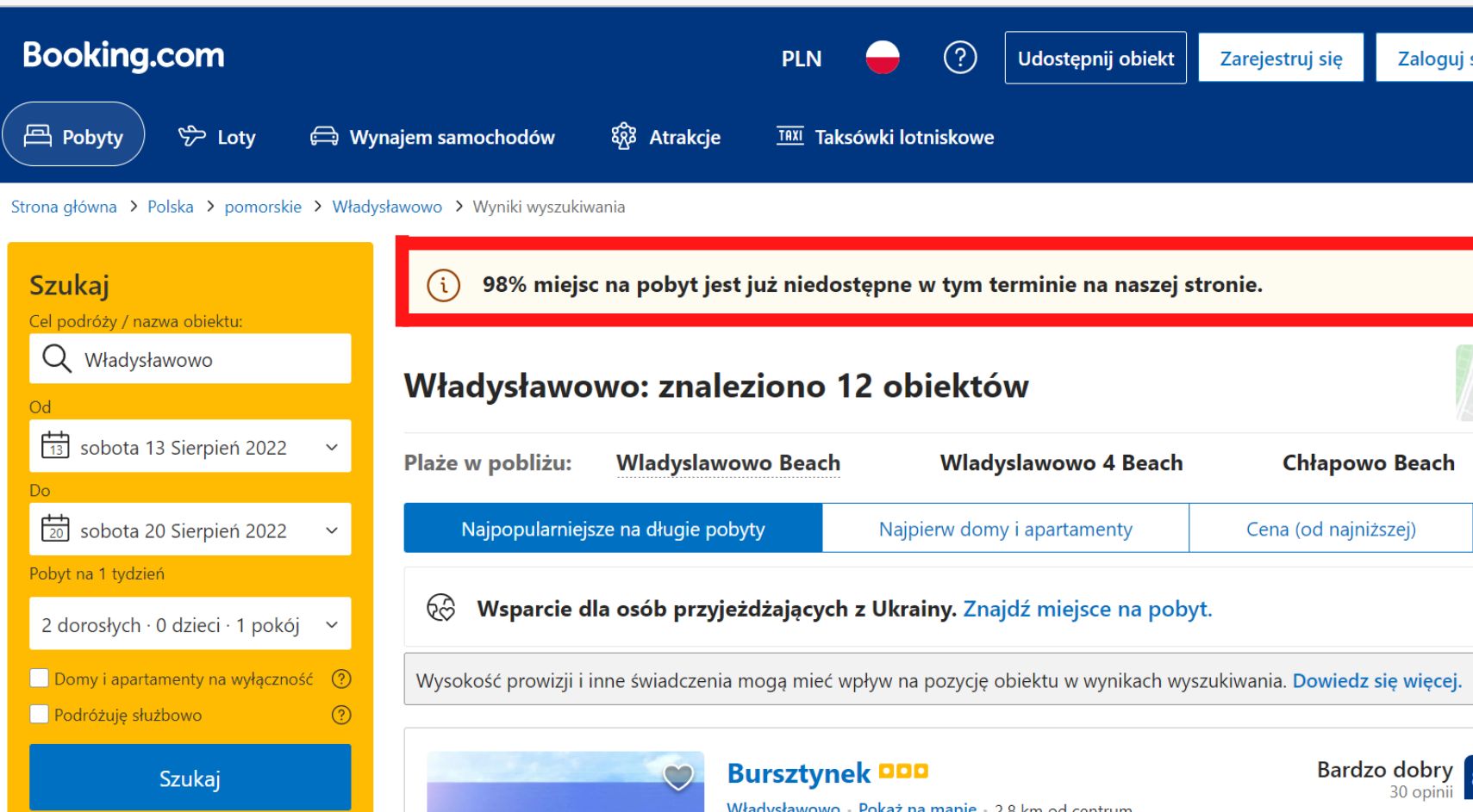 We Władysławowie 98 proc. miejsc jest zajętych