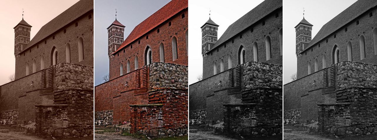 Kilka trybów barw i filtrów efektowych z zasobów RX10 II. Od lewej: sepia – nieładna, za pomarańczowa, dalej malowidło HDR (pewnie komuś się spodoba), czerń-biel z wysokim kontrastem, a po prawej czerń-biel z bogatą gradacją. Przy okazji wspomnę, że fotografując RX10 II trzeba pamiętać o asekuranckim działaniu jego sygnalizacji prześwietleń. Migające czarne plamy na podglądzie zdjęcia tak mocno walą po oczach i działają na tyle sugestywnie, że trudno odwrócić uwagę od nich na histogramy RGB. A warto, bo one pokazują ekspozycję znacznie bliżej rzeczywistej. Właśnie przy wykonywaniu tych zdjęć zasugerowałem się prześwietleniami i dla ich uniknięcia zjechałem korekcją ekspozycji aż do -1,3 EV i dopiero wtedy spostrzegłem, że garby histogramów mają po prawej sporo luzu.© Paweł Baldwin