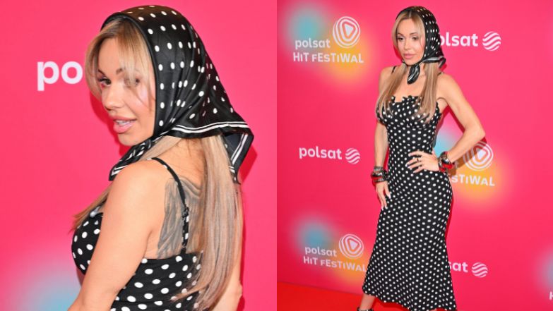 Odziana w grochy Doda pozuje na ściance sopockiego festiwalu