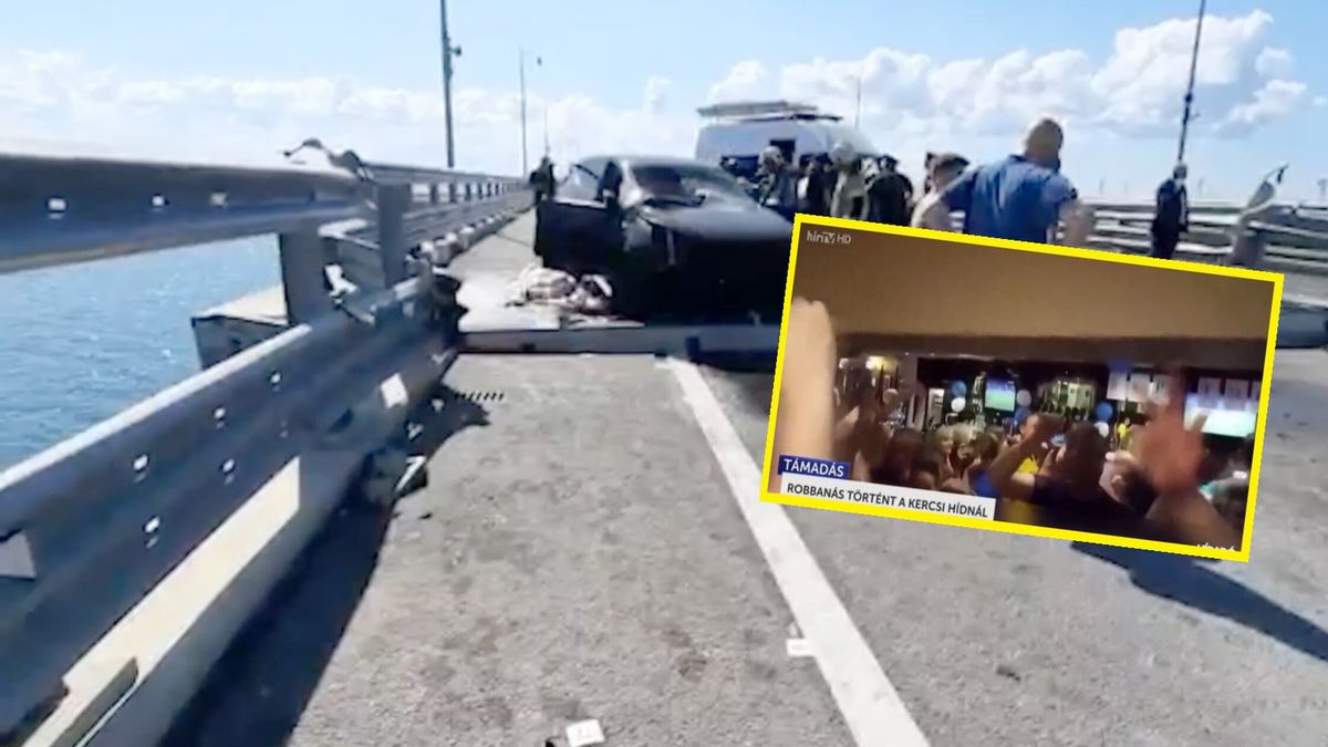 Zdjęcie okładkowe artykułu: PAP/EPA /  / Na zdjęciu: zniszczony Most Krymski i przebitka z węgierskiej telewizji (w ramce)
