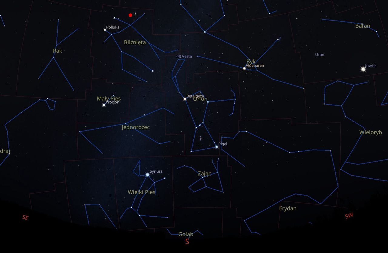 Radiant Geminidów (oznaczony czerwoną kropką) na niebie około północy.