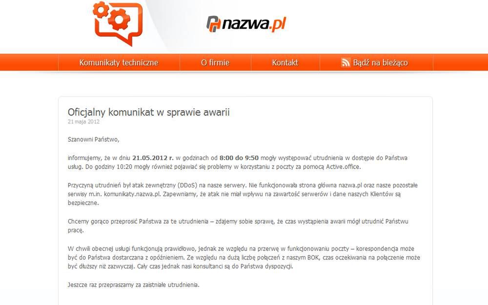 Komunikat na stronie Nazwa.pl