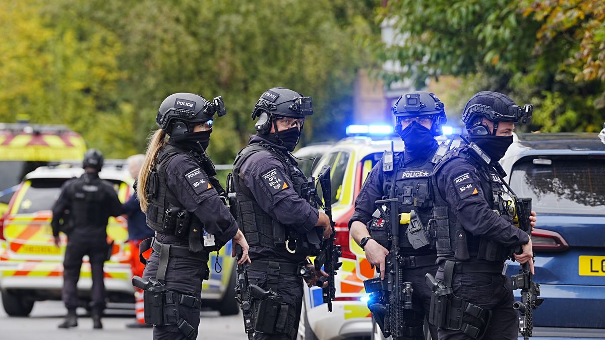 Armed police officers at the scene near the Heaton Park Hebrew Congregation synagogue in Crumpsall, Manchester, where two people died in a suspected terror attack by a man who was shot dead by police. Picture date: Thursday October 2, 2025. (Photo by Peter Byrne/PA Images via Getty Images)