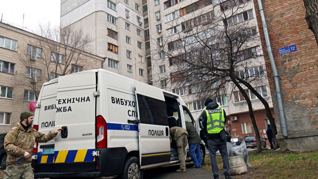Russian drone debris falls on Kyiv apartment building
The van of an EOD squad of the National Police is outside an apartment building in the Solomianskyi district damaged by the wreckage of a Russian drone in Kyiv, Ukraine, on January 10, 2025. NO USE RUSSIA. NO USE BELARUS. (Photo by Ukrinform/NurPhoto via Getty Images)
NurPhoto
january 2025, wreckage, solomianskyi district, conflict zone, urban area, apartment block, police vehicle, emergency, drone attack, russia-ukraine war, eod squad, police operation, aftermath, national security, security forces, civilian area, national police, crisis management., emergency response, nurphoto, law enforcement, apartment building, capital, ukraine war, drone wreckage, public safety, ukraine conflict, russian invasion, ukrainian capital, no use russia, van, ukrinform, russian drone, no use belarus, international news