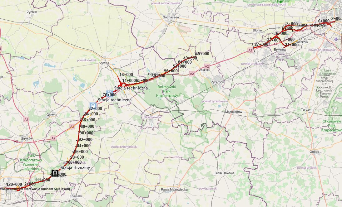 Tak zwany wariant inwestorski, czyli rekomendowany przebieg trasy linii KDP Łódź - Warszawa. Bez węzła CPK, na którym prace toczą się osobno