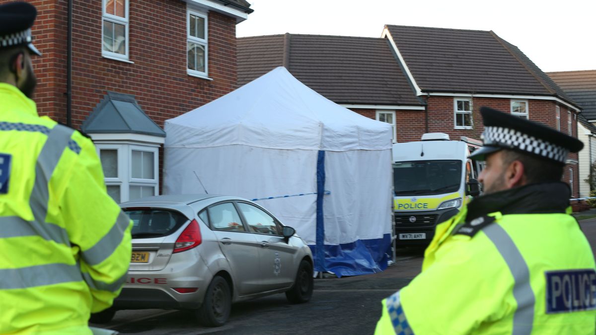 COSTESSEY, NORFOLK - JANUARY 19: Police officers form a cordon in Allan Bedford Crescent and set up a forensic tent to investigate the situation on January 19, 2024 in Costessey, Norfolk. Police were called to a house in Costessey early this morning and discovered the four bodies of people, all believed to be known to one another, Investigations into the deaths are ongoing.  (Photo by Martin Pope/Getty Images)
