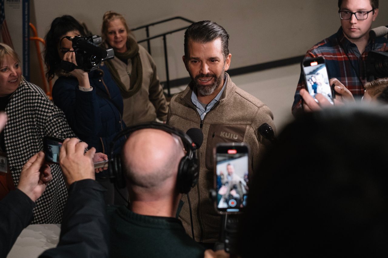 Donald Trump Jr., executive vice president of development and acquisitions for Trump Organization Inc., speaks to members of the media during the 2024 Iowa Republican caucuses at Franklin Junior High School in Des Moines, Iowa, US, on Monday, Jan. 15, 2024. Former President Donald Trump cruised to victory in the Iowa caucus, warding off a late challenge from rivals Ron DeSantis and Nikki Haley and cementing his status as the clear Republican frontrunner in the race. Photographer: Jim Vondruska/Bloomberg via Getty Images