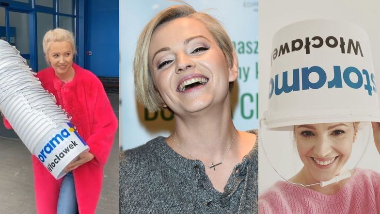 Dorota Szelągowska w WIADRZE na głowie dowcipkuje z chciwości włocławskich konsumentów (FOTO)