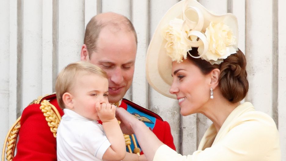 Trooping The Colour 2019LONDON, UNITED KINGDOM - JUNE 08: (EMBARGOED FOR PUBLICATION IN UK NEWSPAPERS UNTIL 24 HOURS AFTER CREATE DATE AND TIME) Prince William, Duke of Cambridge, Catherine, Duchess of Cambridge and Prince Louis of Cambridge watch a flypast from the balcony of Buckingham Palace during Trooping The Colour, the Queen's annual birthday parade, on June 8, 2019 in London, England. The annual ceremony involving over 1400 guardsmen and cavalry, is believed to have first been performed during the reign of King Charles II. The parade marks the official birthday of the Sovereign, although the Queen's actual birthday is on April 21st. (Photo by Max Mumby/Indigo/Getty Images)Max Mumby/Indigo