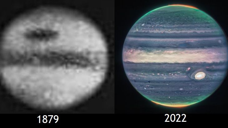 Zdjęcia Jowisza z 1878 r. i 2022 r. - porównanie.