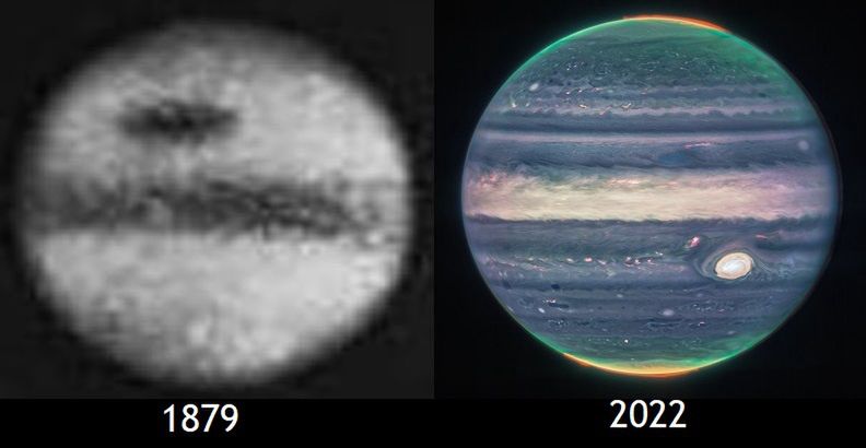 Zdjęcia Jowisza z 1878 r. i 2022 r. - porównanie.