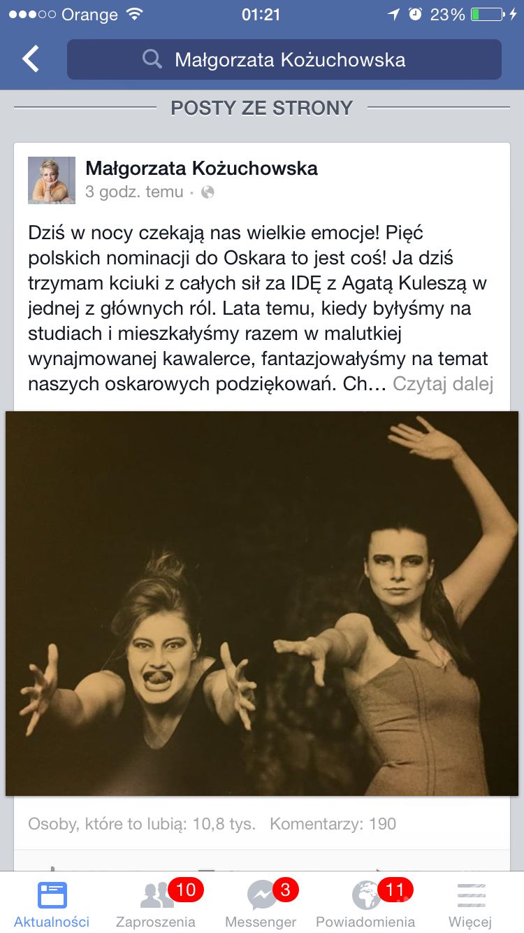 Małgorzata Kożuchowska i jej wzruszający post na temat Agaty Kuleszy, Oscary 2015, foto: screen  Facebook