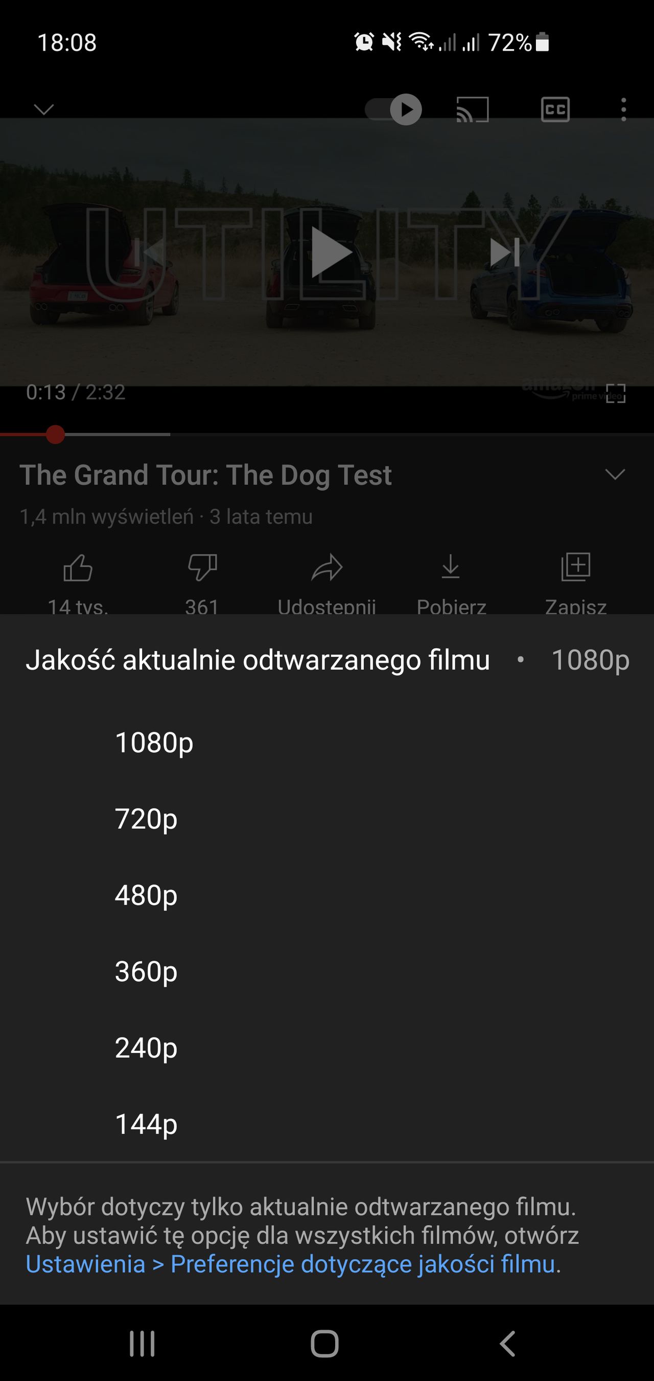 Ustawienia rozdzielczości filmów w aplikacji YouTube.