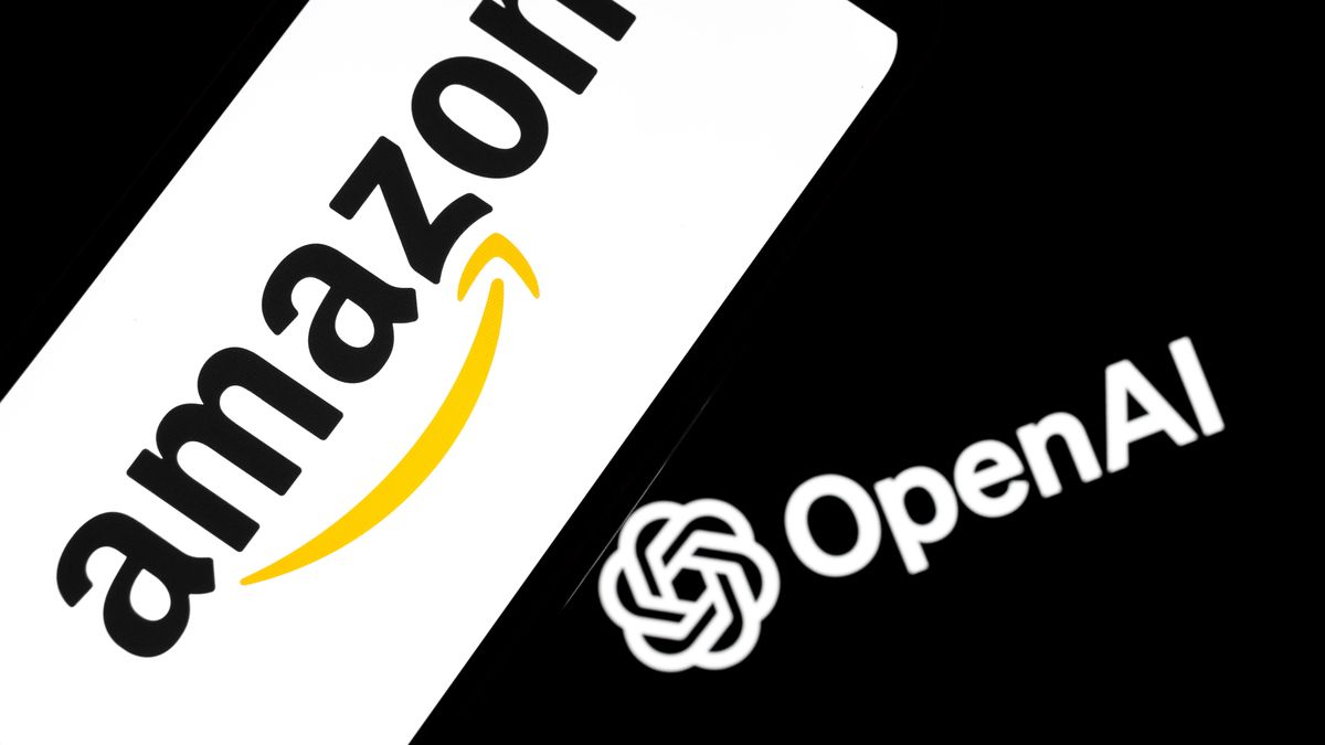 The Amazon logo appears on a smartphone screen, and the OpenAI logo displays as the background on a laptop computer screen in this photo illustration in Athens, Greece, on February 4, 2026. Amazon plans to use artificial intelligence to speed up the process of making movies and TV shows, even as Hollywood fears that AI will cut jobs and permanently reshape the industry. (Photo Illustration by Nikolas Kokovlis/NurPhoto via Getty Images)