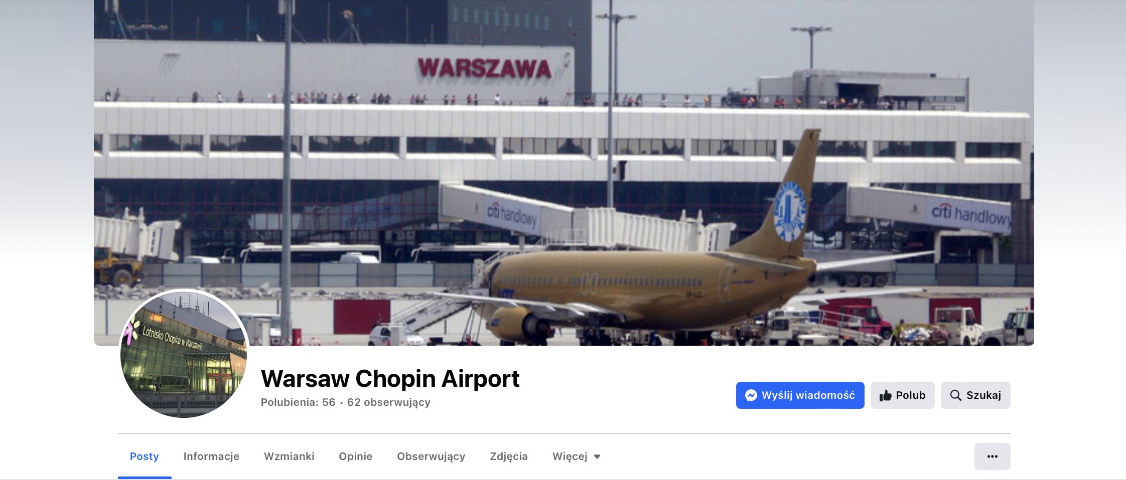 Fałszywa strona Lotniska Chopina na Facebooku