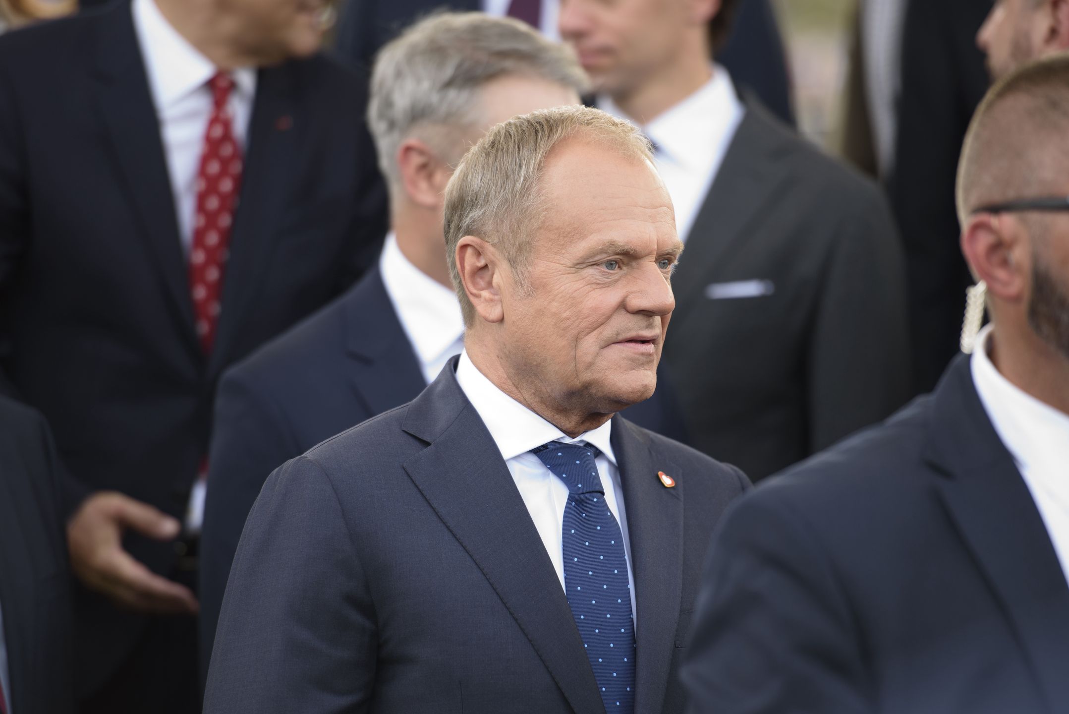 Poland's Prime Minister Donald Tusk is looking on as he is taking part in the National Army Day in Warsaw, Poland, on August 11, 2024. Thousands of members of the Polish armed forces are taking part in the Armed Forces Day military parade that takes place annually on August 15 to commemorate Poland's victory over the Soviet Union's army in 1920. (Photo by Aleksander Kalka/NurPhoto via Getty Images)