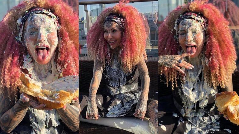 Adrianna Eisenbach brudzi się tortem z okazji urodzin