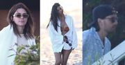 Zmoczona Kourtney Kardashian w kusym bikini za 300 złotych przechadza się po plaży z Kendall Jenner i Scottem Disickiem (ZDJĘCIA)