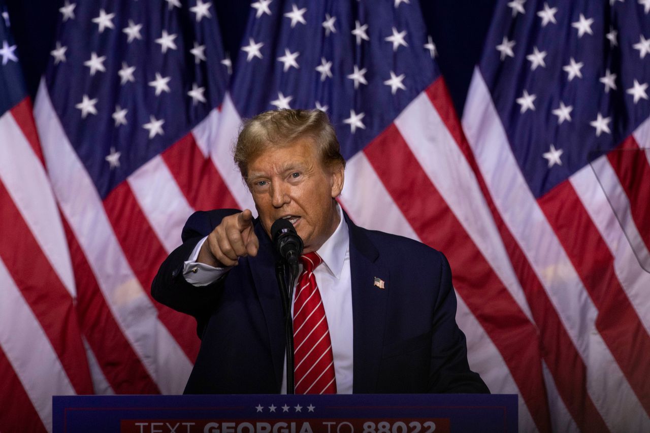 Former US President Donald Trump speaks during a "Get Out The Vote" rally at the Forum River Center in Rome, Georgia, US, on Saturday, March 9, 2024. Trump has all but clinched the Republican presidential nomination with a near-sweep of Super Tuesday primaries that drove his last remaining rival out of the race, signaling the start to a general election rematch with President Joe Biden. Photographer: Christian Monterrosa/Bloomberg via Getty Images