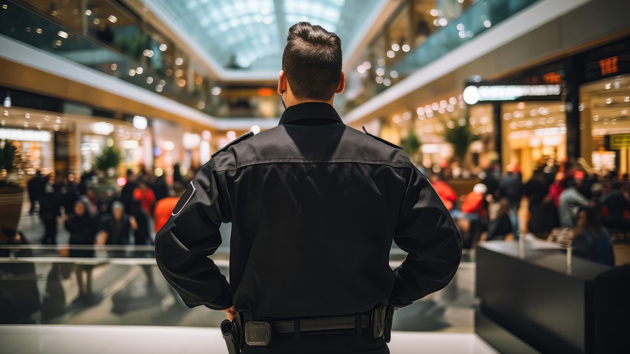 Ochroniarz pilnujący centrum handlowego. 