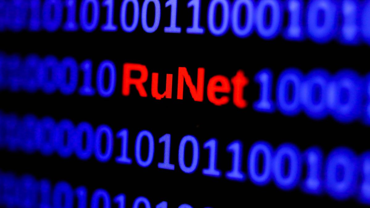 A binary code with the word 'RuNet' displayed on a laptop screen is seen in this illustration photo taken in Krakow, Poland on March 9, 2022. (Photo by Jakub Porzycki/NurPhoto via Getty Images)