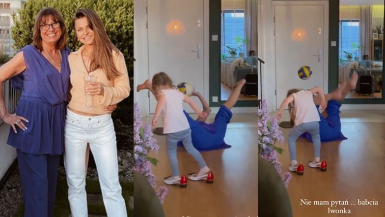 Anna Lewandowska pokazuje, jak jej teściowa, mama Roberta Lewandowskiego, wymachuje nogami robiąc "szpagaty"
