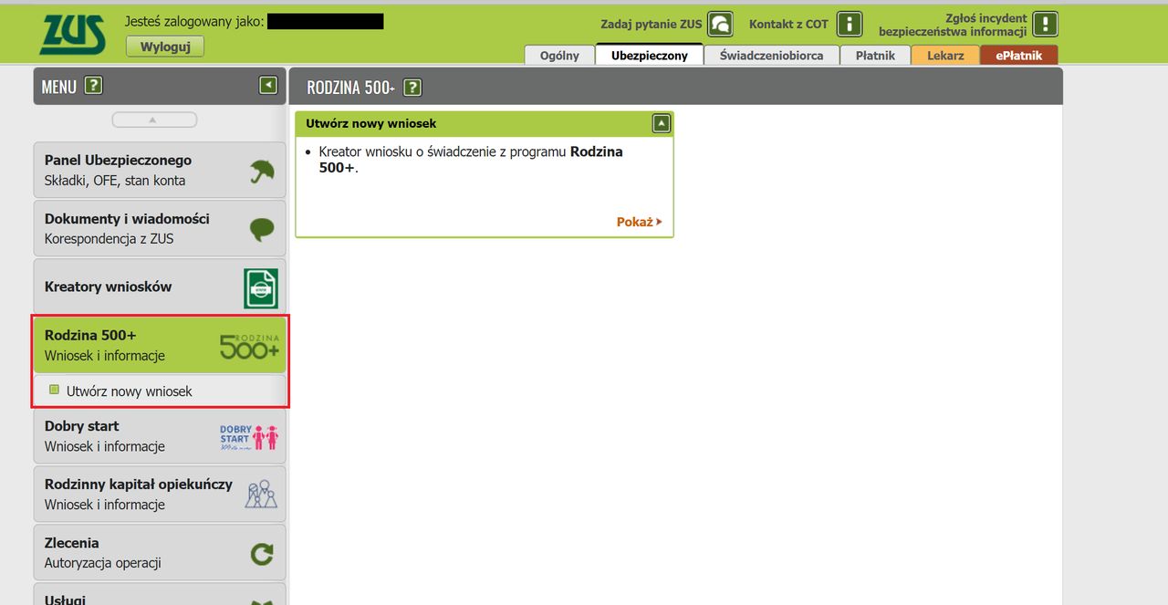 Pierwszy krok składania wniosku o 500+ w PUE ZUS