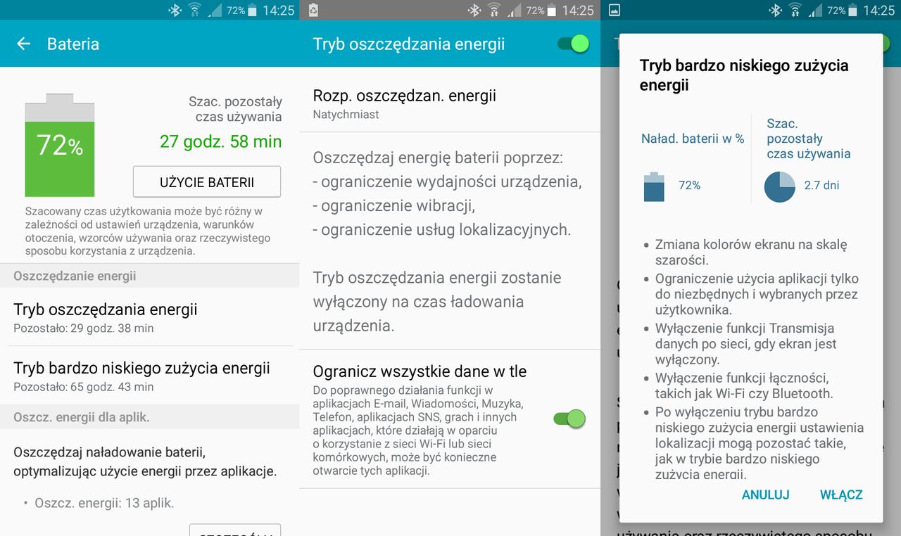 Dwa tryby oszczędzania energii w Samsungu A3 2015. Ten bardziej drastyczny czerpie korzyści z niskiego zużycia energii ekranu AMOLED – w interfejsie dominuje czerń