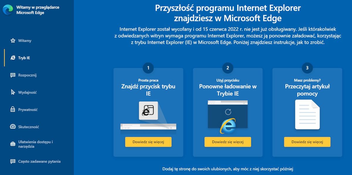 Informacja o trybie IE w Microsoft Edge.