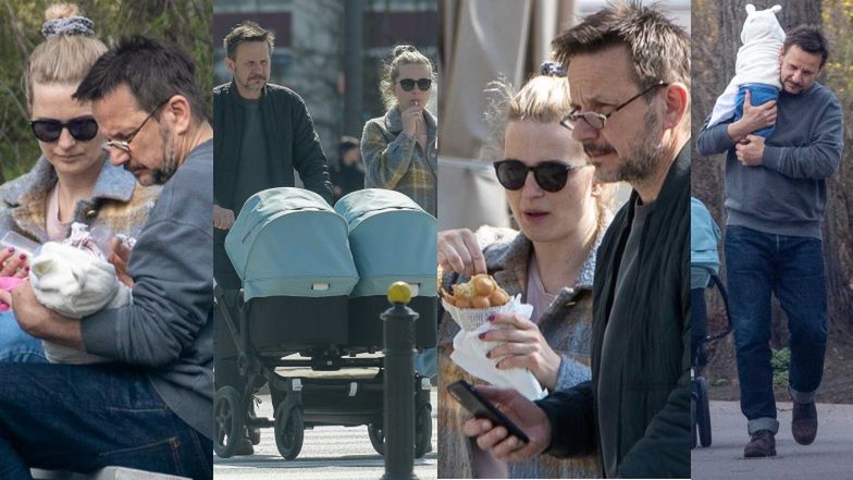 Bartłomiej Topa na spacerze z ukochaną i córkami bliźniaczkami