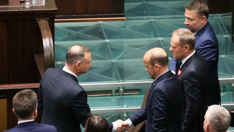 Prezydent Andrzej Duda, Borys Budka, Donald Tusk i Marcin Kierwiński podczas inauguracyjnego posiedzenia Sejmu X kadencji