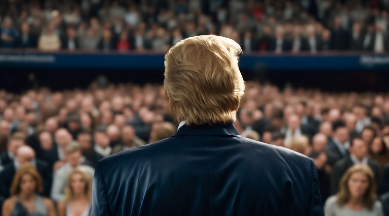 Illustrative graphic, generated by artificial intelligence, intended to depict a "Republican president before a crowd of people"