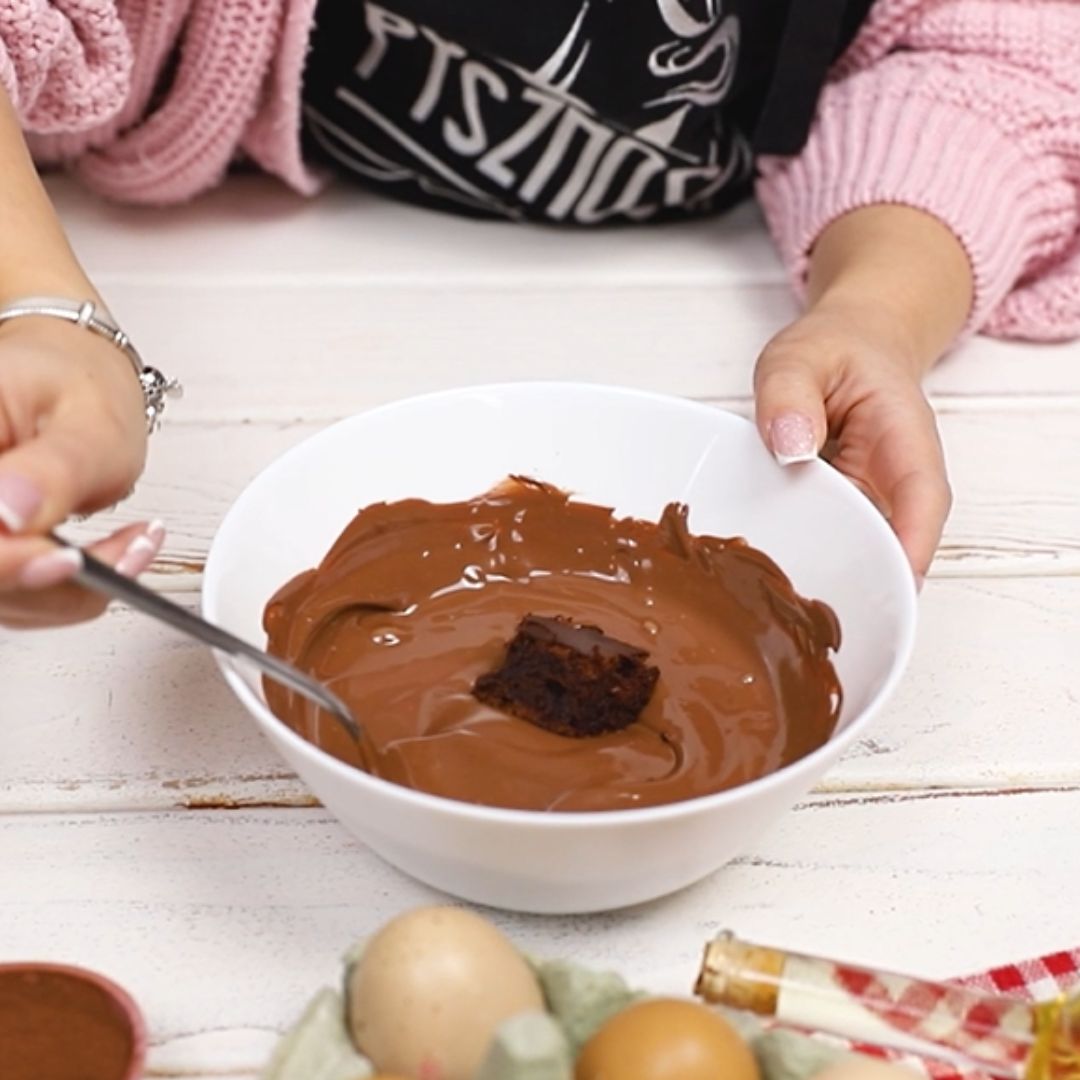 Every brownie square goes into a milk chocolate glaze.