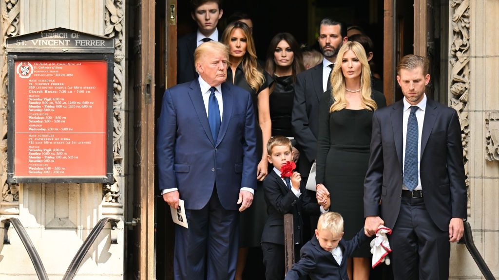 Celebrity Sightings In New York City - July 20, 2022
NEW YORK, NEW YORK - JULY 20:  Barron Trump, former U.S. President Donald Trump, former U.S. First Lady Melania Trump, Kimberly Guilfoyle, Theo Kushner, Donald Trump Jr., Ivanka Trump, Eric Luke Trump and Eric Trump are seen at the funeral of Ivana Trump on July 20, 2022 in New York City.  (Photo by James Devaney/GC Images)
James Devaney