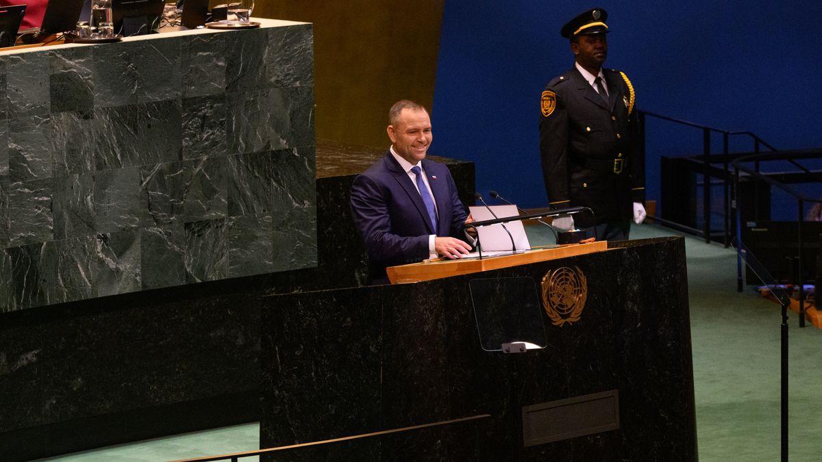 NEW YORK, NEW YORK - SEPTEMBER 23: President of Poland Karol Nawrocki speaks during the 80th session of the UN’s General Assembly (UNGA) on September 23, 2025 in New York City. World leaders convened for the 80th Session of UNGA, with this year’s theme for the annual global meeting being “Better together: 80 years and more for peace, development and human rights.” by Alexi J. Rosenfeld/Getty Images)