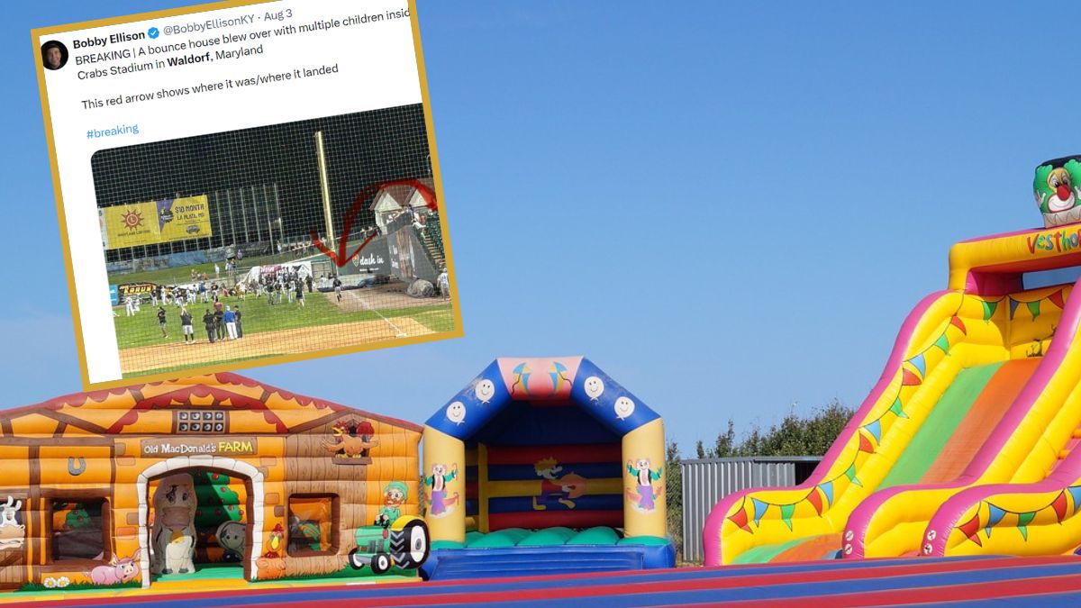 Dmuchany zamek porwany przez wiatr wzniósł się na wysokość około sześciu metrów, a następnie uderzył w boisko do baseballu