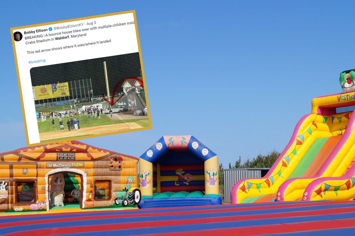 An inflatable castle lifted by the wind rose to a height of about six meters and then hit the baseball field.