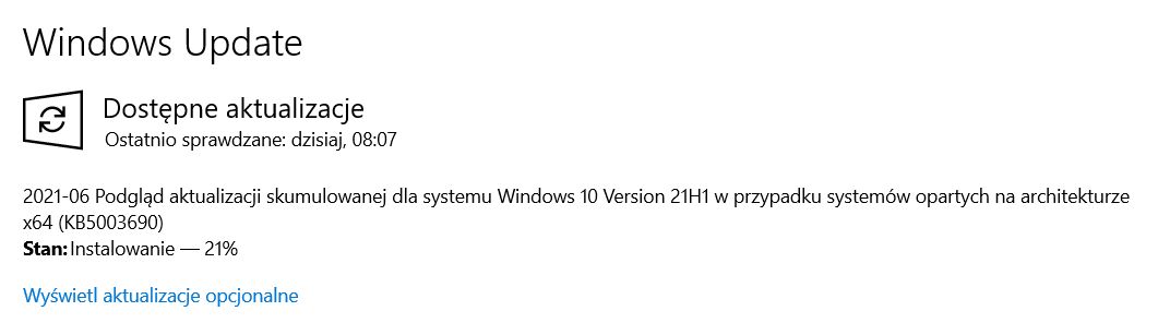 Opcjonalna łatka KB5003690 w Windows Update
