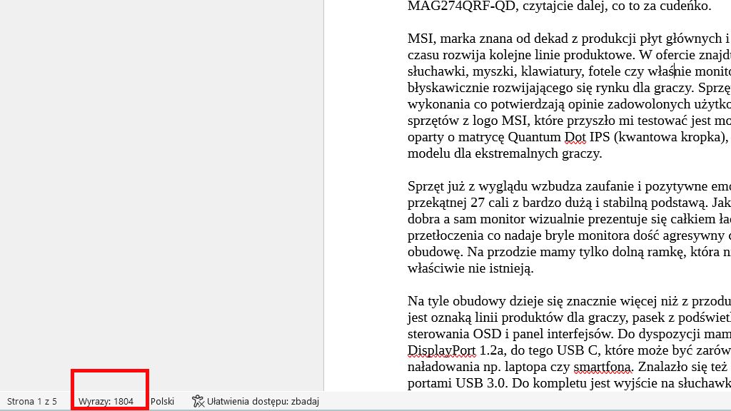 Microsoft Word: Klikamy w Wyrazy i pojawia się Statystyka wyrazów