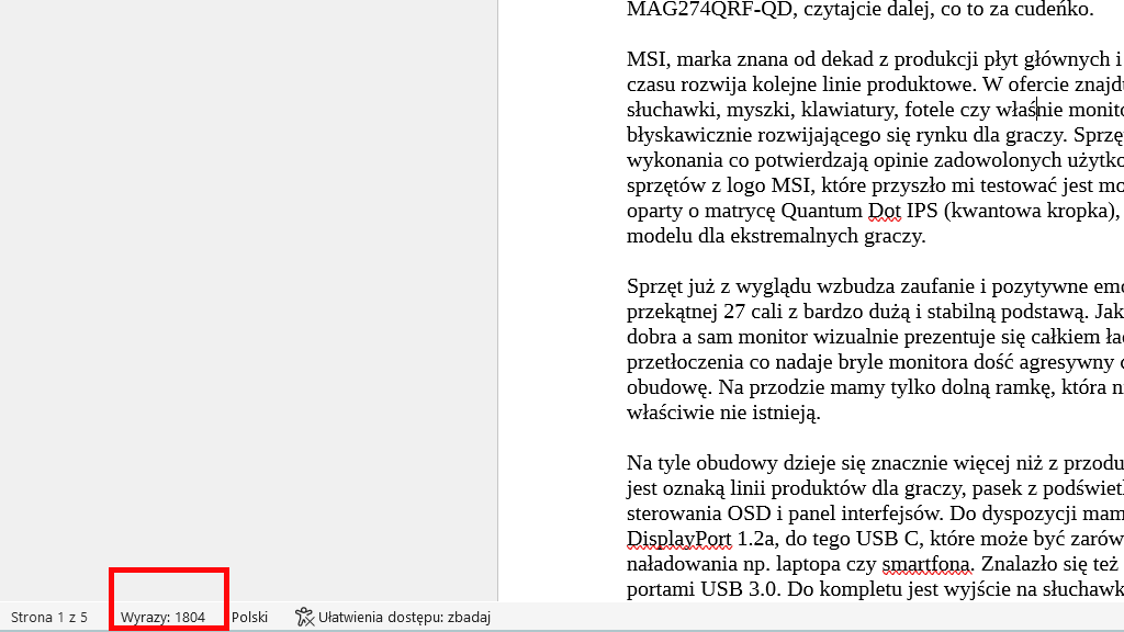 jak sprawdzić ile znaków ma tekst w wordzie?