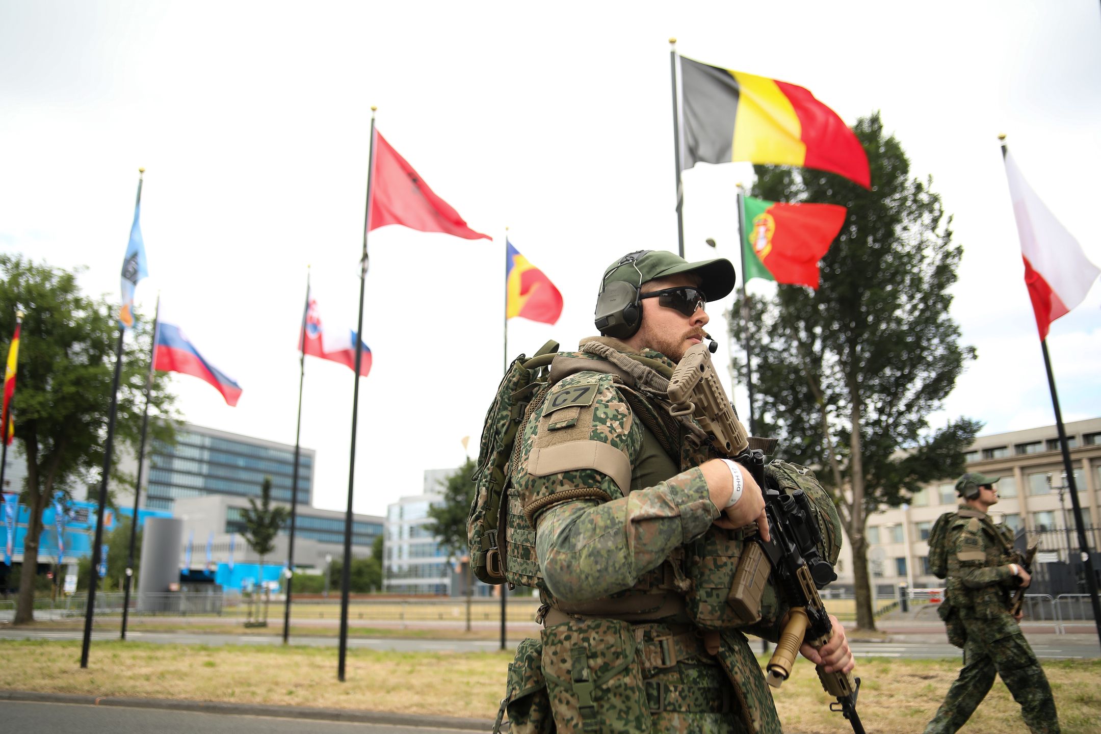 Soldiers participate in the NATO Summit at the World Forum in The Hague, The Netherlands, on June 23, 2025. The North Atlantic Treaty Organization (NATO) is an international political and military organization established by the signed North Atlantic Treaty. Its members commit to protecting each other from any threat. The NATO Summit takes place this year in The Hague, where the NATO Public Forum and the NATO Summit Defense Industry Forum are held. (Photo by Klaudia Radecka/NurPhoto via Getty Images)