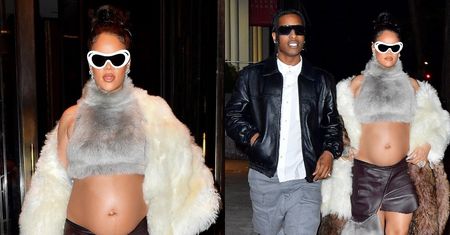 Rihanna eksponuje NAGI CIĄŻOWY brzuch w futrzanej stylizacji (ZDJĘCIA)