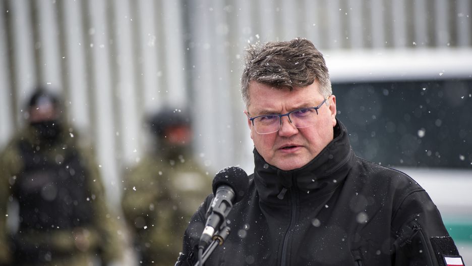 NOMIKI, PODLASKIE, POLAND - 2022/11/18: Deputy Minister of the Ministry of Interior and Administration, Maciej Wasik is seen during the press conference at the border wall near Nomiki village. Polands Interior Minister Mariusz Kaminski inspected the initial installation phase of high-tech monitoring equipment along a metal wall on the border with Belarus geared toward preventing thousands of migrants from crossing into the European Union.
The head of the Ministry of Interior and Administration announced the completion of works on the first section of the electronic barrier on the border with Belarus. Kaminski also said that the 5.5-meter (17-feet) high wall has slashed crossing attempts tenfold. (Photo by Attila Husejnow/SOPA Images/LightRocket via Getty Images)