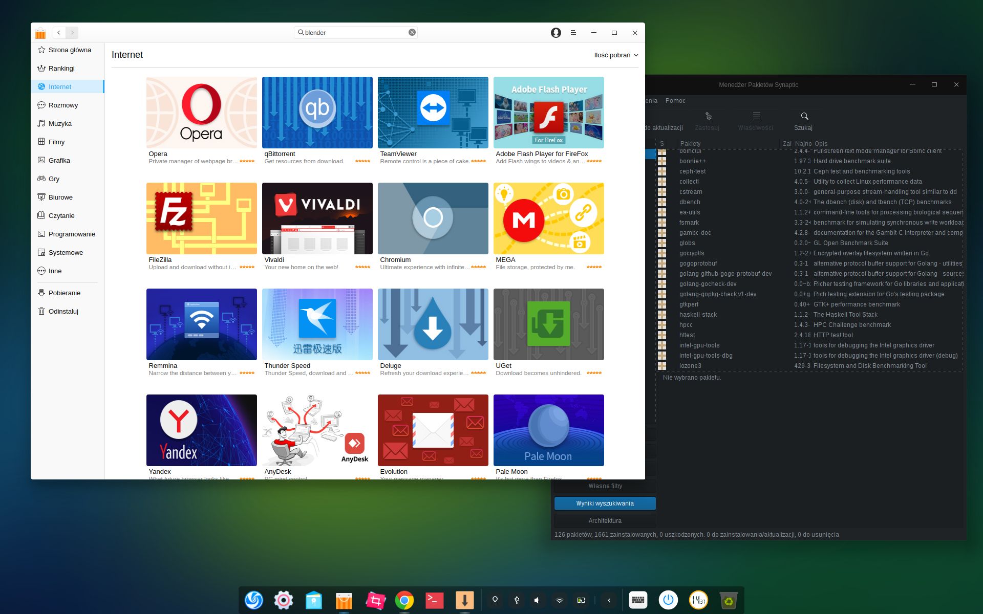 Sklep z aplikacjami Deepina. W tle program Synaptic (dla zaawansowanych)