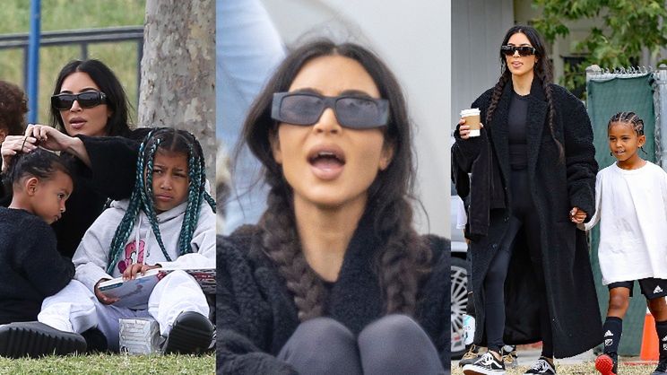 "Rozczochrana" i zaspana Kim Kardashian pilnuje dzieci na meczu piłki nożnej 